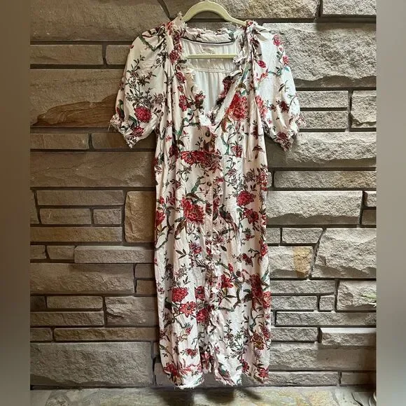 Anthropologie Pilcro Ruffle-Collar Buttondown Dress Cream Floral Boho Size 12